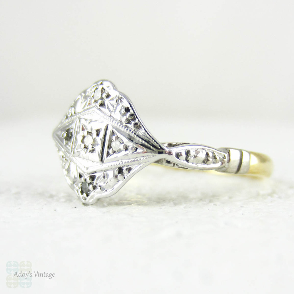 Vintage Art Deco Diamond Ring, 5 Stone Engraved Diamond Cluster Ring with Milgrain and Beaded Detail. Circa 1920s, 18ct & Platinum.
