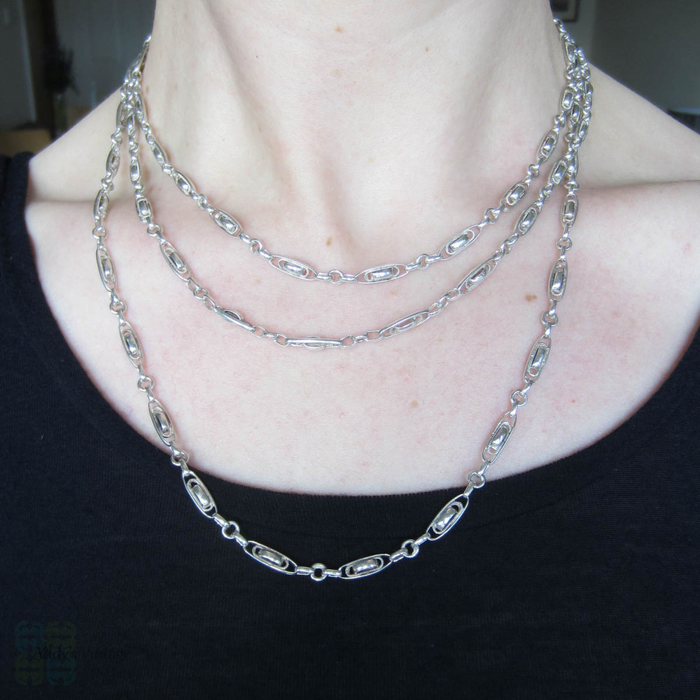 Antique French Long Guard Chain, Sterling Silver Fancy Link Chain Necklace with Oval Shaped Links, 140 cm / 55 inches, heavy 33.4 grams. 
