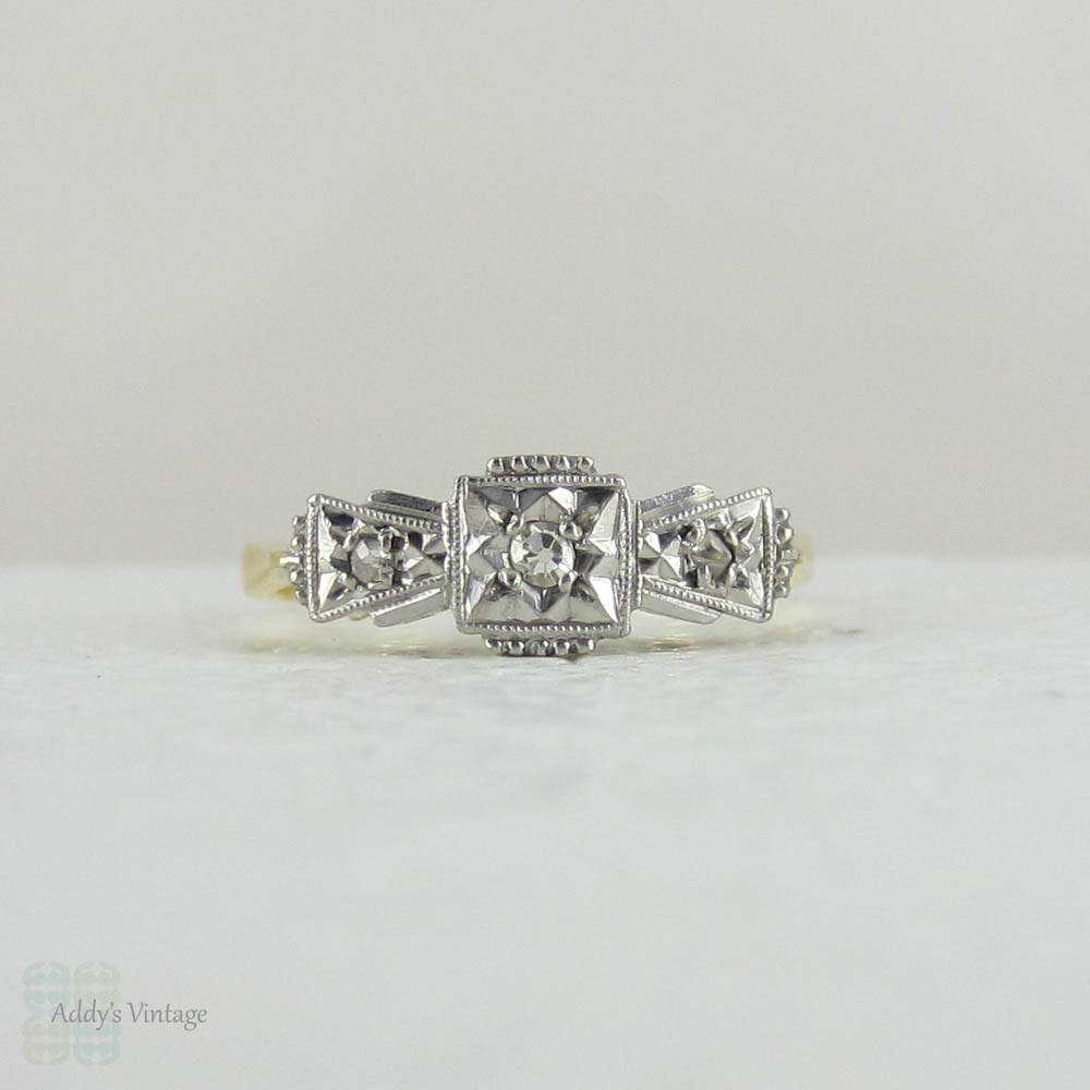 Art Deco Diamond Engagement Ring. Vintage Ornately Engraved Geometric Diamond Trilogy Ring in Yellow Gold with Platinum Top, Small Size.