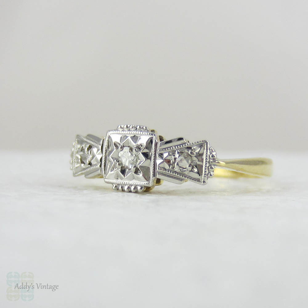 Art Deco Diamond Engagement Ring. Vintage Ornately Engraved Geometric Diamond Trilogy Ring in Yellow Gold with Platinum Top, Small Size.