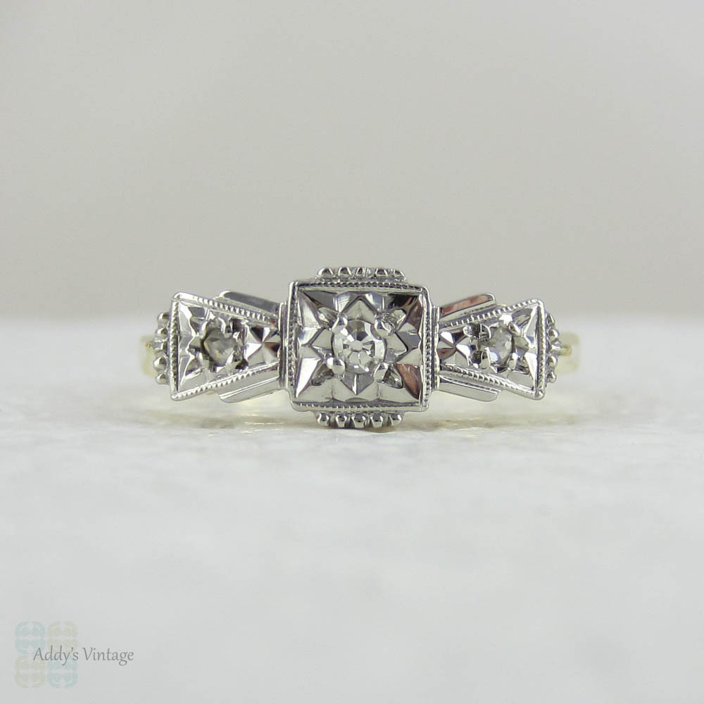 Art Deco Diamond Engagement Ring. Vintage Ornately Engraved Geometric Diamond Trilogy Ring in Yellow Gold with Platinum Top, Small Size.