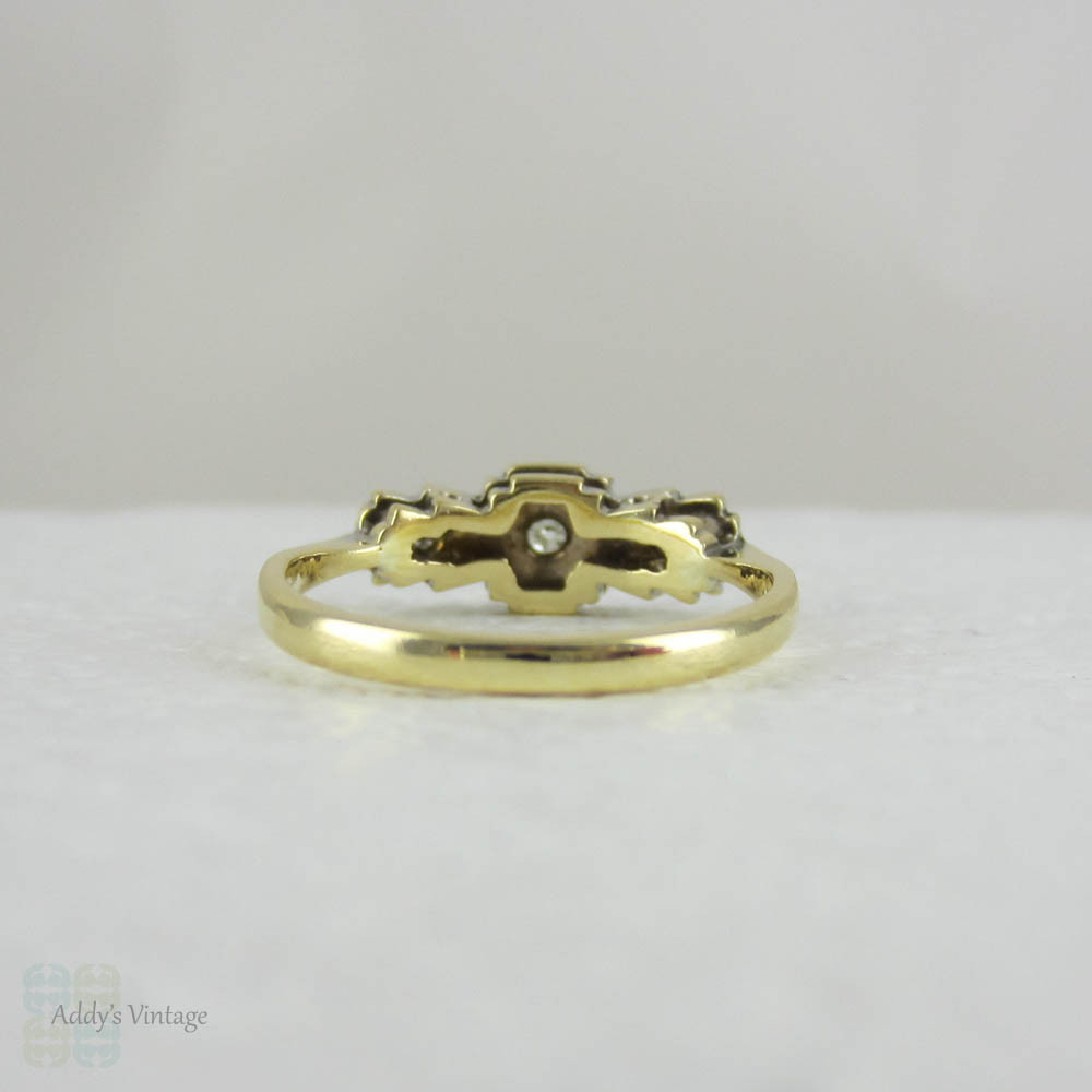 Art Deco Diamond Engagement Ring. Vintage Ornately Engraved Geometric Diamond Trilogy Ring in Yellow Gold with Platinum Top, Small Size.