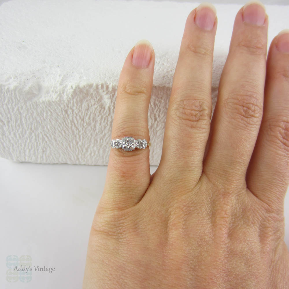 Art Deco Diamond Engagement Ring. Vintage Ornately Engraved Geometric Diamond Trilogy Ring in Yellow Gold with Platinum Top, Small Size.