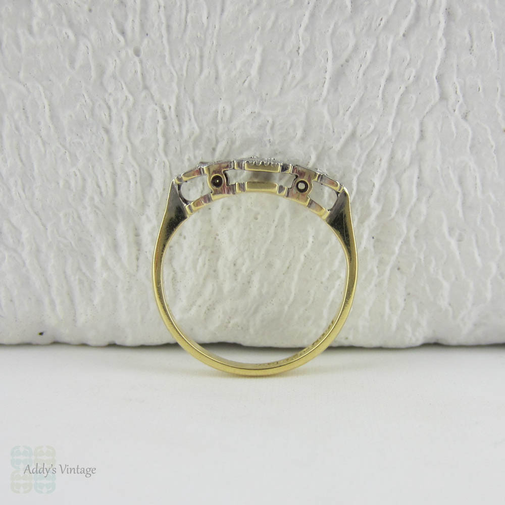 Art Deco Diamond Engagement Ring. Vintage Ornately Engraved Geometric Diamond Trilogy Ring in Yellow Gold with Platinum Top, Small Size.