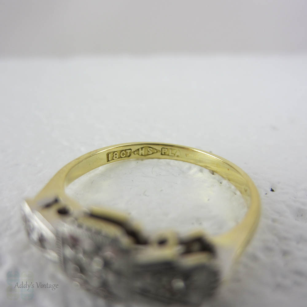 Art Deco Diamond Engagement Ring. Vintage Ornately Engraved Geometric Diamond Trilogy Ring in Yellow Gold with Platinum Top, Small Size.