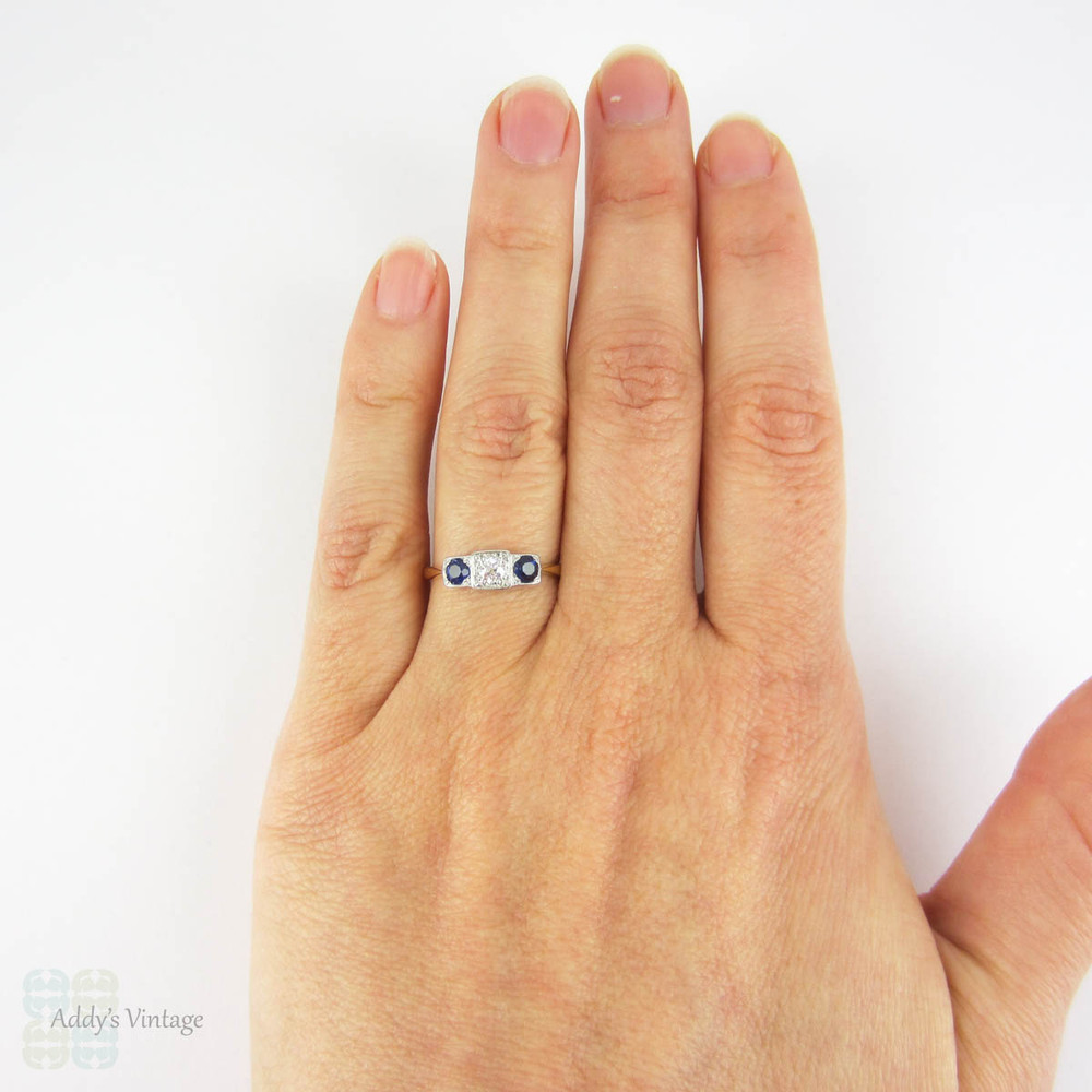 Old European Diamond & Blue Sapphire Engagement Ring, Art Deco Three Stone Trilogy Ring, 0.52 ctw. Circa 1920s, 18ct & Platinum.