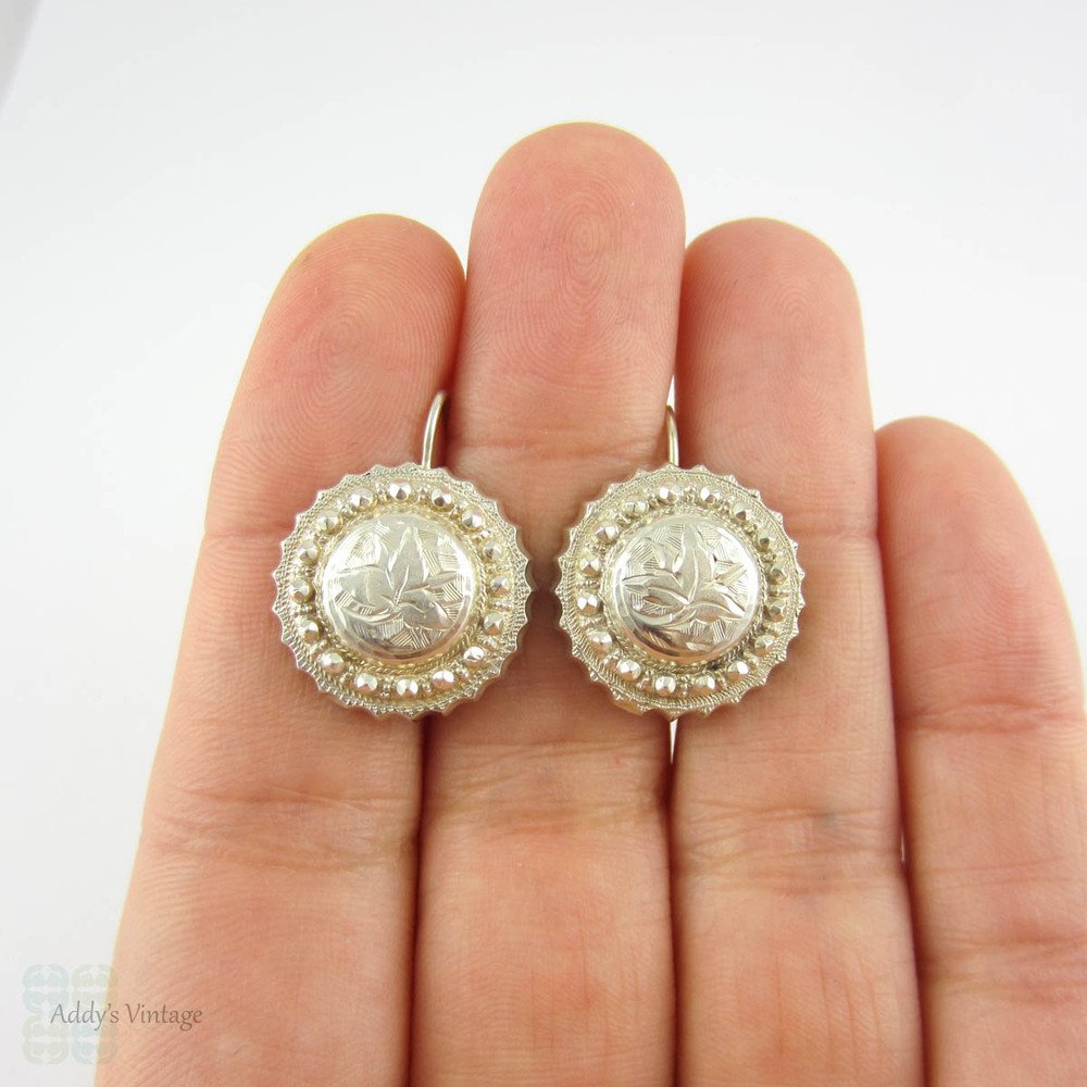 Victorian Sterling Silver Earrings, Engraved Button to Drop Earring Conversion. Hand Engraved Ivy Leaf & Beaded Design, Circa 1880s.