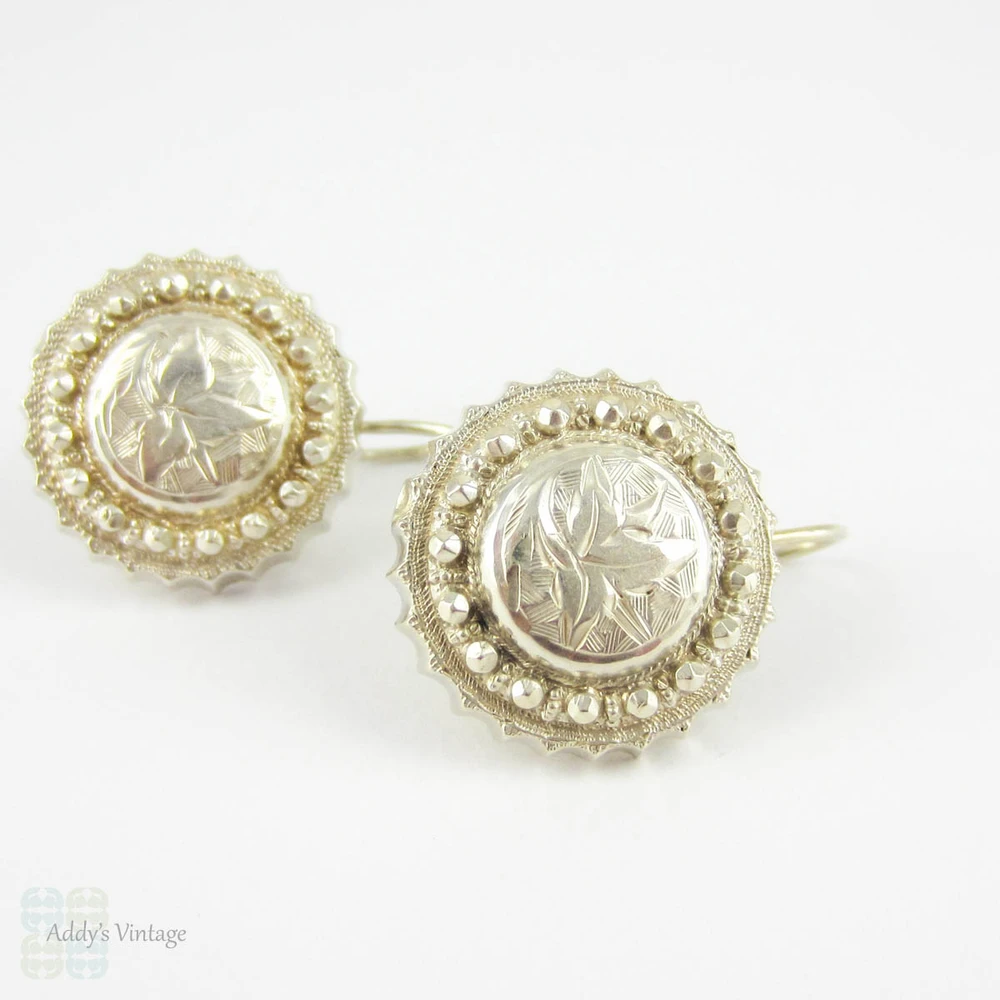 Victorian Sterling Silver Earrings, Engraved Button to Drop Earring Conversion. Hand Engraved Ivy Leaf & Beaded Design, Circa 1880s.