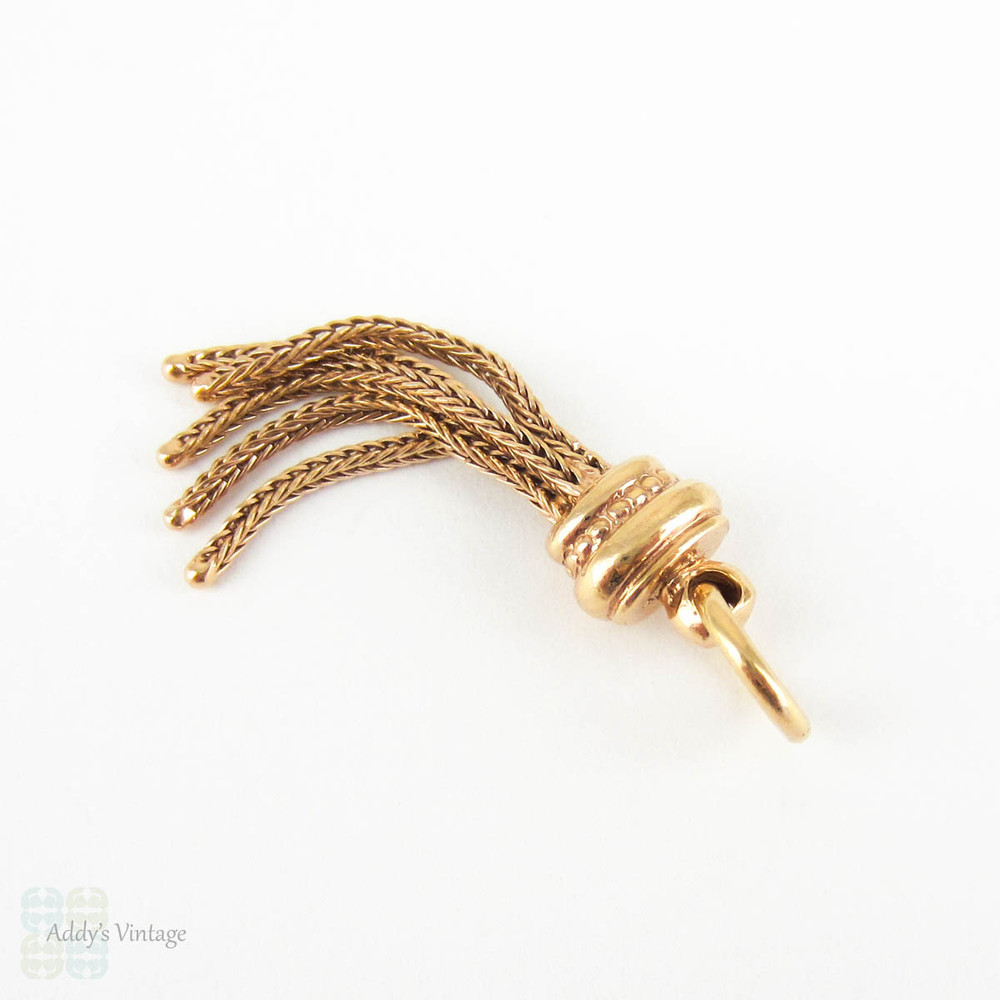 Antique Victorian Tassel Charm, 15 Carat Rose Gold, 5 Strand Long Oval Shaped Engraved Tassel for Fob, Circa 1890s.