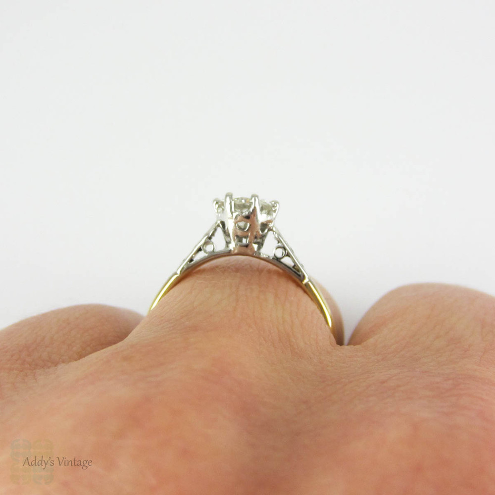 Vintage Mid Century Diamond Engagement Ring, Round Brilliant Cut, 0.68 ctw Classic Yellow Gold & Platinum Single Stone Ring, Circa 1960s.
