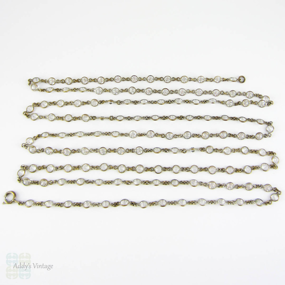 Antique Paste & Brass Long Guard Chain. Flapper Era Necklace, Clear Glass Pointed Back Paste in Open Bezel Settings, 143 cm / 56.3 inches.