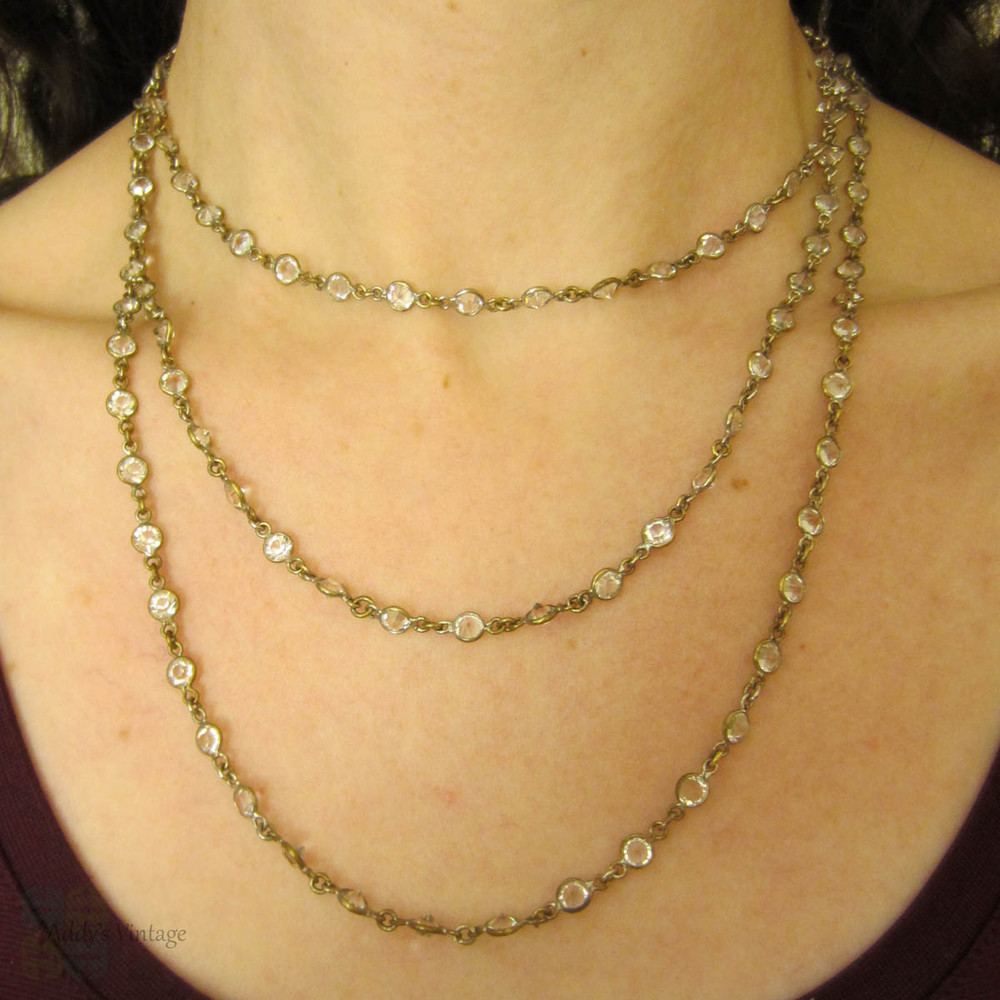 Antique Paste & Brass Long Guard Chain. Flapper Era Necklace, Clear Glass Pointed Back Paste in Open Bezel Settings, 143 cm / 56.3 inches.
