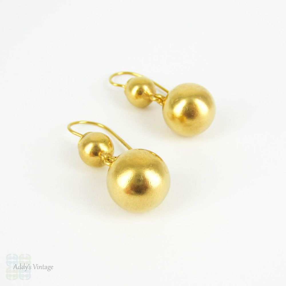 Antique Victorian Gilt Earring, Graduated Double Ball Drop Earrings in 22 Carat Gilt Metal. Late Victorian Dangle Earrings.