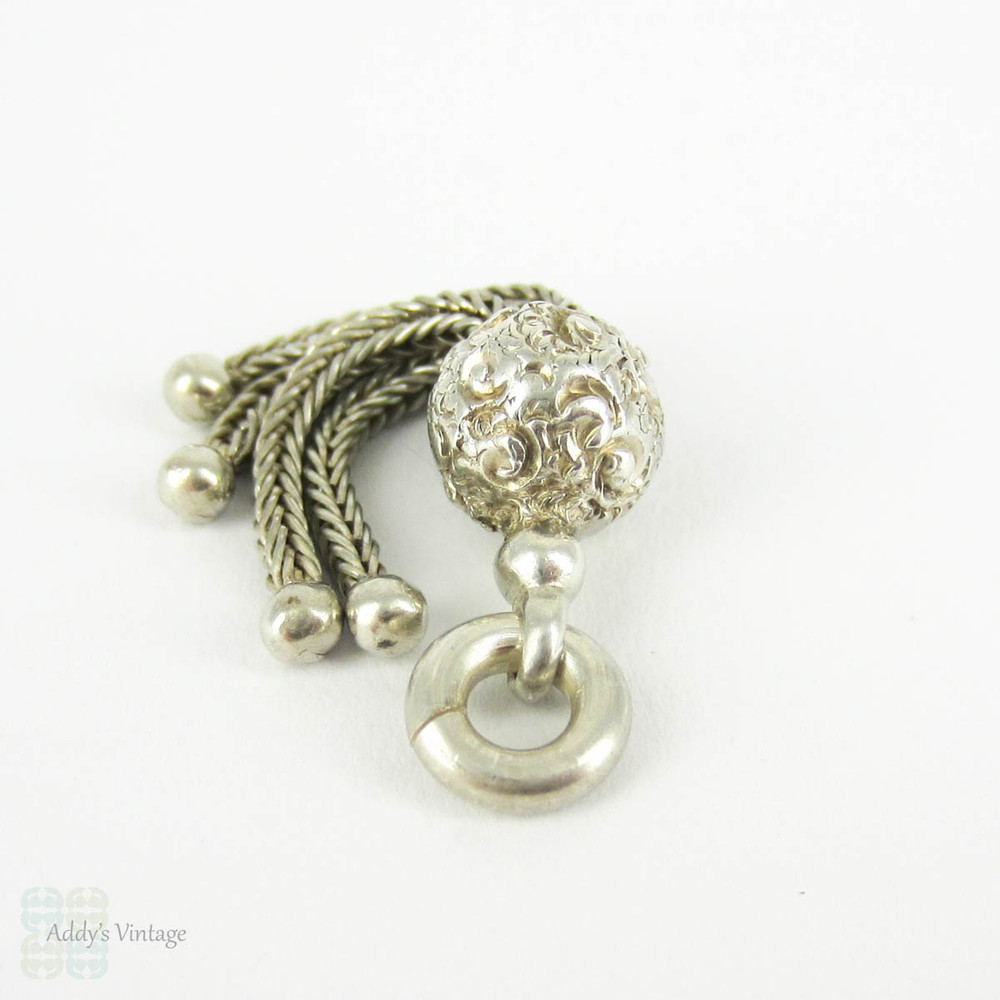 Victorian Sterling Silver Tassel Charm. 4 Strand Acorn Shape Top Small Engraved English Tassel for Pendant or Watch Fob, Circa 1880s.