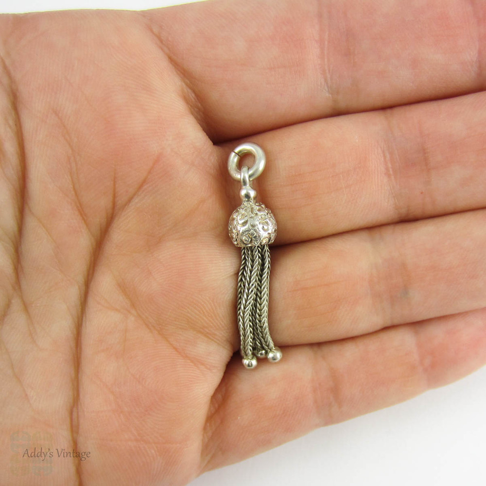 Victorian Sterling Silver Tassel Charm. 4 Strand Acorn Shape Top Small Engraved English Tassel for Pendant or Watch Fob, Circa 1880s.