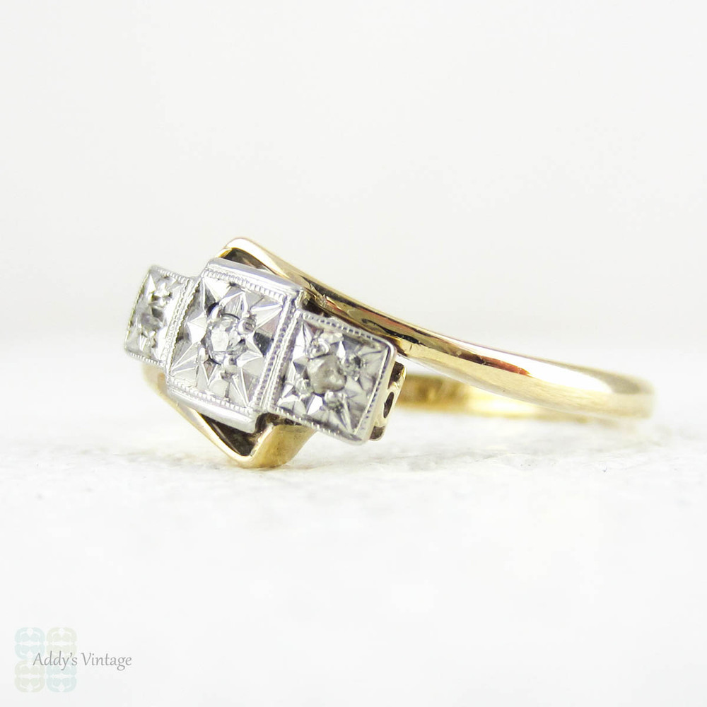 Vintage Diamond Engagement Ring, Three Stone Diamond Trilogy Ring in a ...