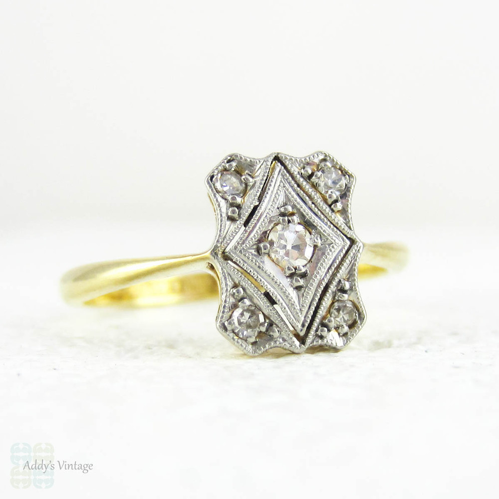 Art Deco Diamond Engagement Ring, Five Stone Rectangular Shape Panel Ring with Pierced Design & Milgrain Beading, Circa 1920s.