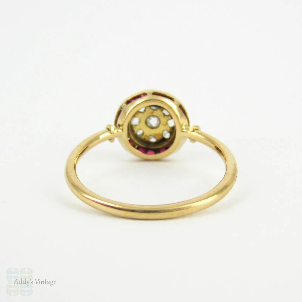 Art Deco Ruby & Diamond Target Ring, French Rose Cut Diamonds with Calibre Cut Red Ruby Halo Cluster Style Ring. 18 Carat Gold, Circa 1920s.