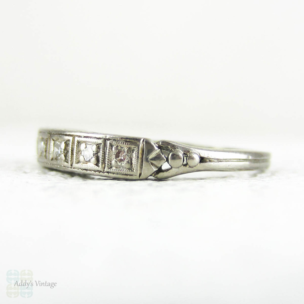 Art Deco Diamond Wedding Ring, Engraved 18ct White Gold Square Set 7 Stone Wedding Band with Flower Engraving and Miligrain Beading, Circa 1930s.
