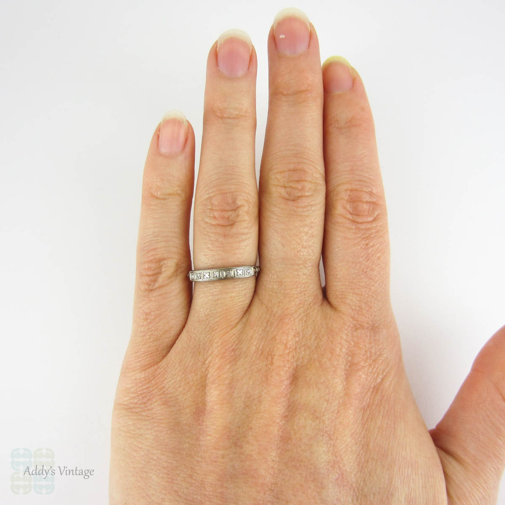 Art Deco Diamond Wedding Ring, Engraved 18ct White Gold Square Set 7 Stone Wedding Band with Flower Engraving and Miligrain Beading, Circa 1930s.