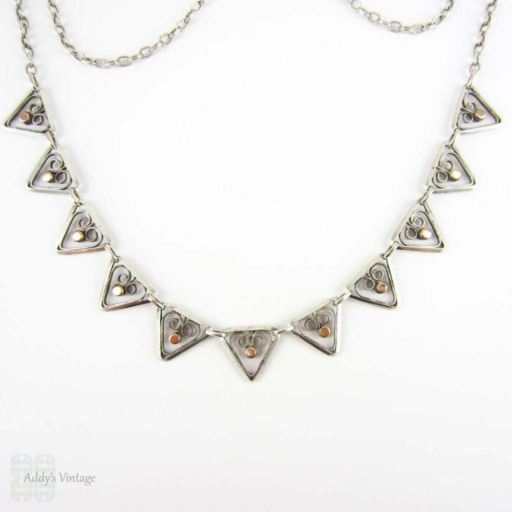RESERVED. French Silver Fringe Necklace, Vintage Triangle Shape Garland with Gilt Dots & Beaded Scrolls. Circa Mid 20th Century.