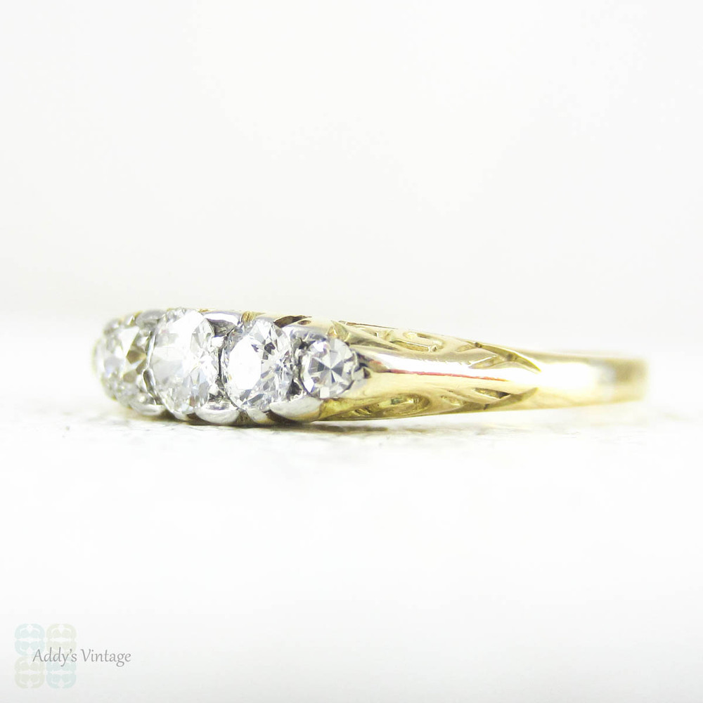 Victorian 5 Stone Diamond Ring, Old European Cut Diamonds, 0.42 ctw in Engraved Scroll 18 Carat Yellow Gold Setting. Late 1800s.