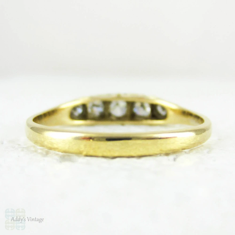 Victorian 5 Stone Diamond Ring, Old European Cut Diamonds, 0.42 ctw in Engraved Scroll 18 Carat Yellow Gold Setting. Late 1800s.