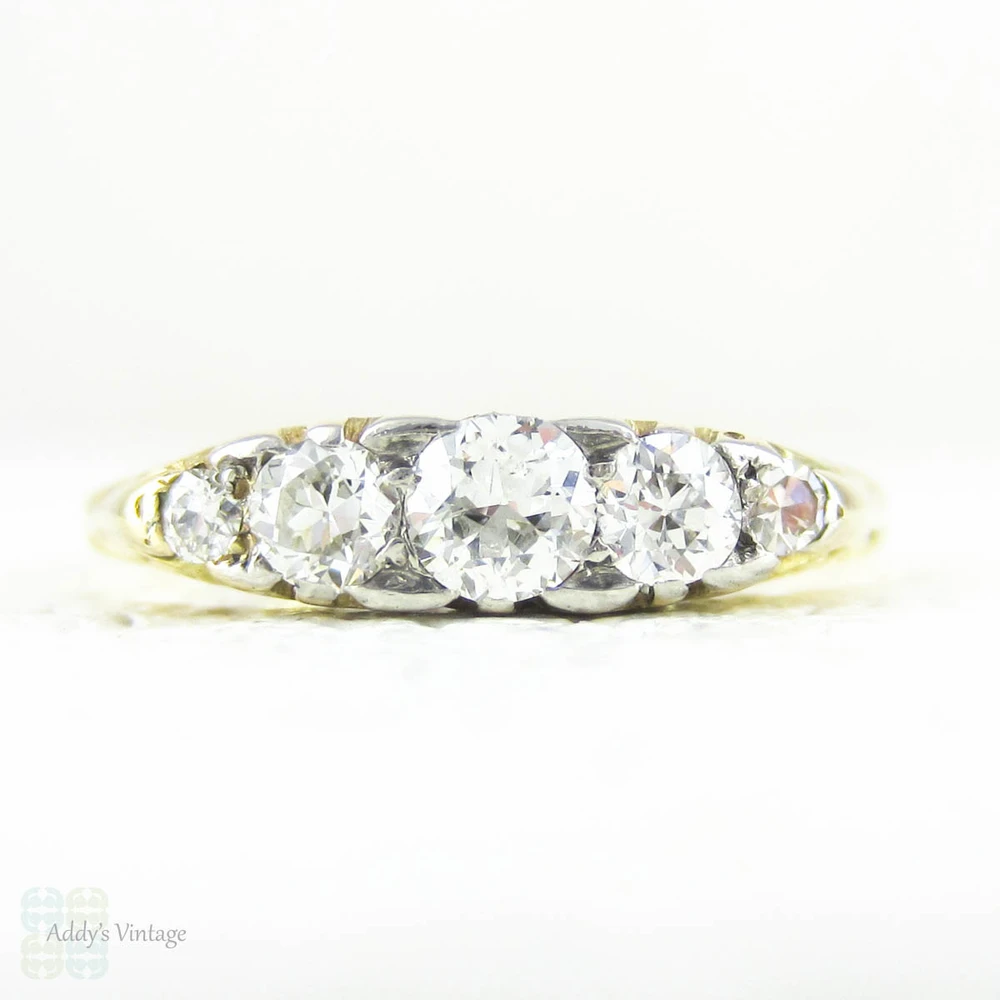 Victorian 5 Stone Diamond Ring, Old European Cut Diamonds, 0.42 ctw in Engraved Scroll 18 Carat Yellow Gold Setting. Late 1800s.