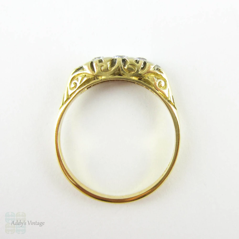 Victorian 5 Stone Diamond Ring, Old European Cut Diamonds, 0.42 ctw in Engraved Scroll 18 Carat Yellow Gold Setting. Late 1800s.
