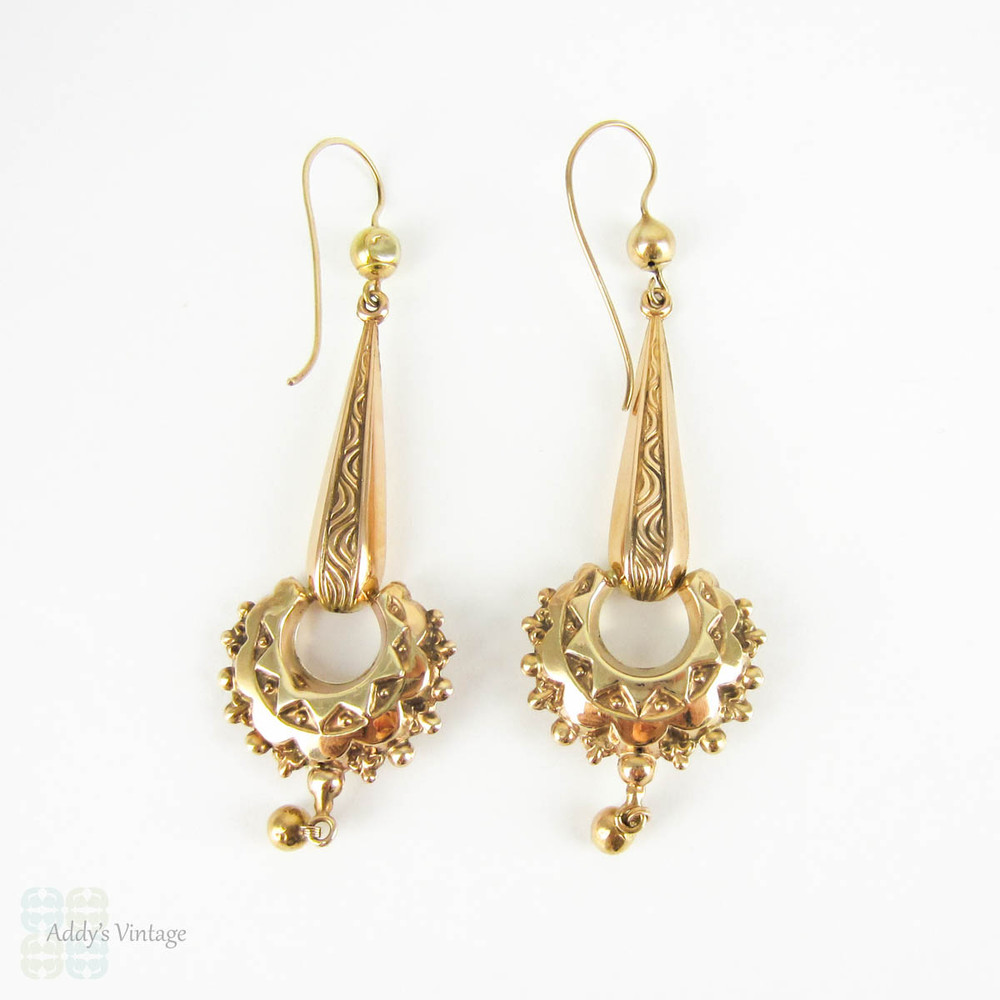 Antique Victorian Drop Earrings, Long 9 Carat Gold Etruscan Revival Dangle Earrings with Sunburst Engraved Design. Circa 1870s.