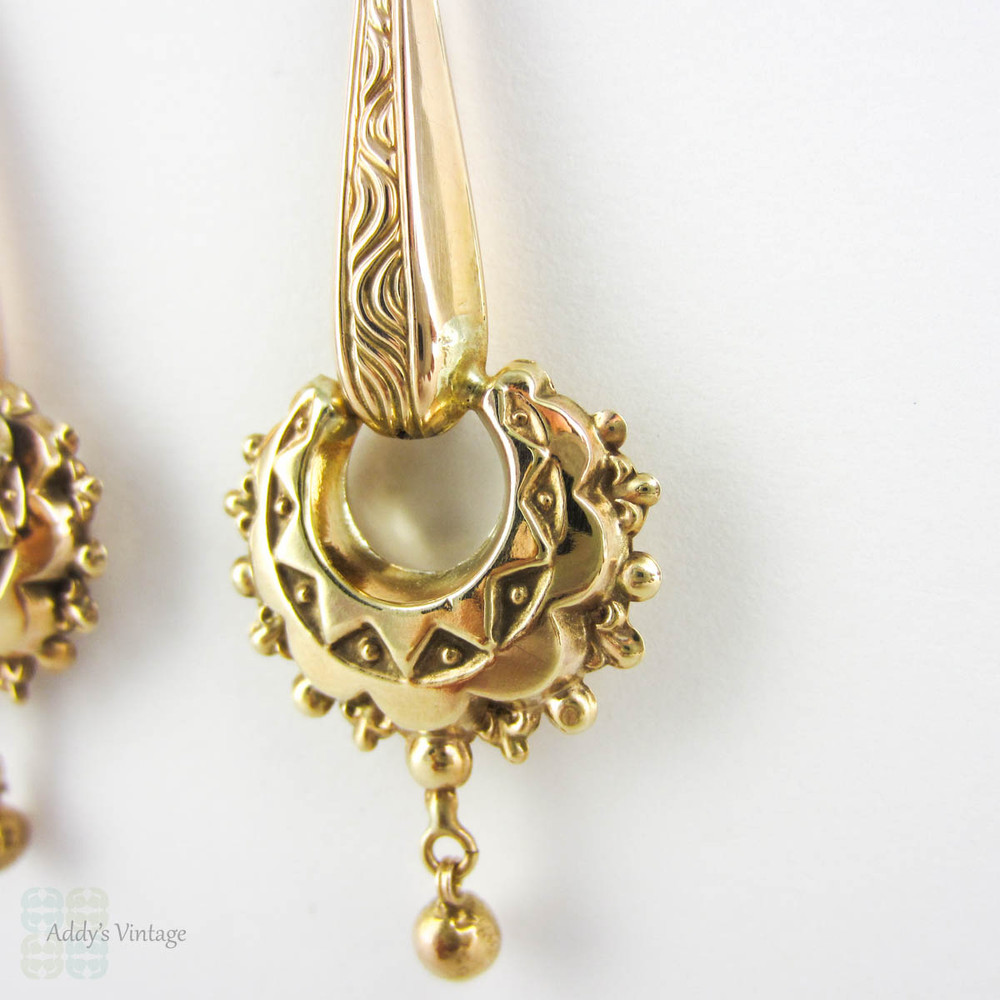 Antique Victorian Drop Earrings, Long 9 Carat Gold Etruscan Revival Dangle Earrings with Sunburst Engraved Design. Circa 1870s.