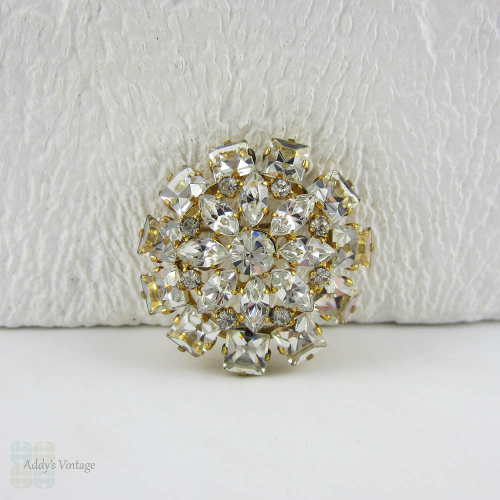 Vintage Rhinestone Brooch. Round, Square & Marquise Cut Austrian Glass Diamanté in Gold Tone Metal.