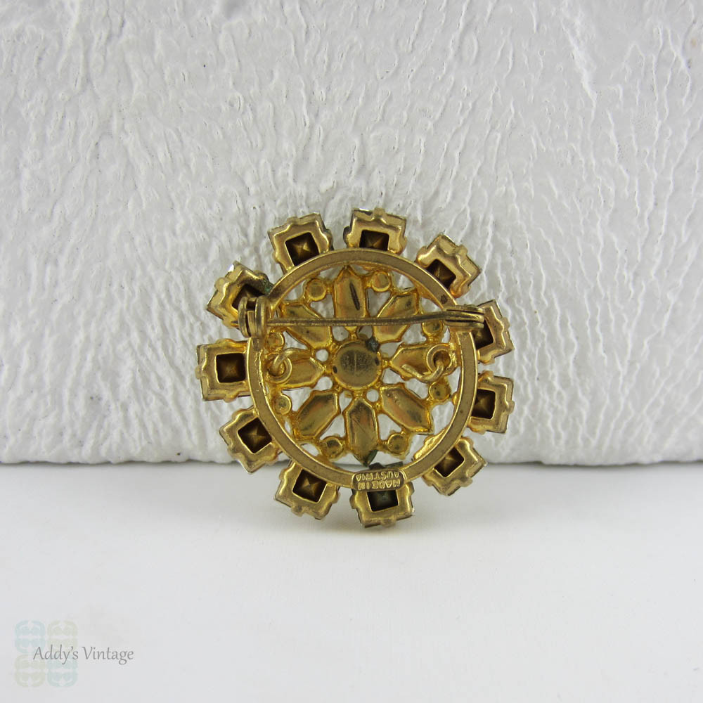 Vintage Rhinestone Brooch. Round, Square & Marquise Cut Austrian Glass Diamanté in Gold Tone Metal.
