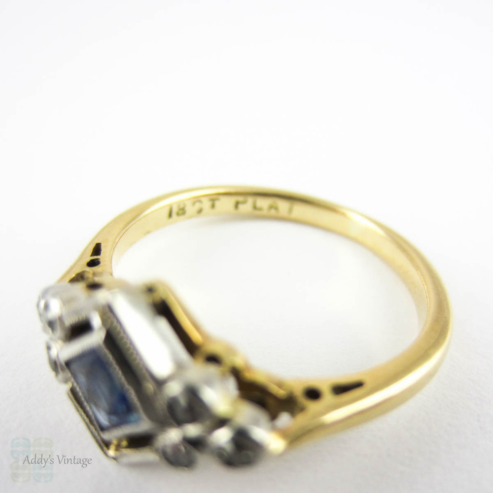 French Cut Sapphire & Diamond Ring, Art Deco Blue Sapphire and Old Cut Diamond Geometric Design Ring. 1930s, 18ct Platinum.
