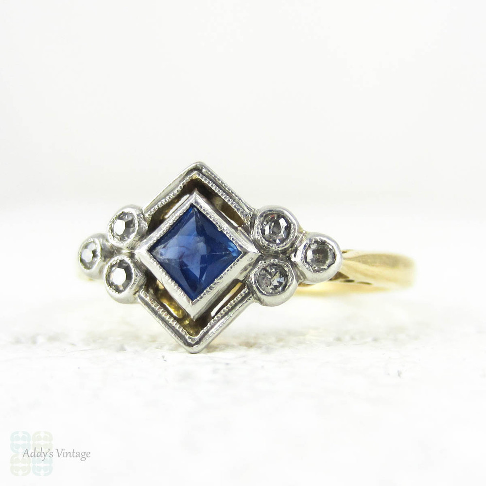 French Cut Sapphire & Diamond Ring, Art Deco Blue Sapphire and Old Cut Diamond Geometric Design Ring. 1930s, 18ct Platinum.