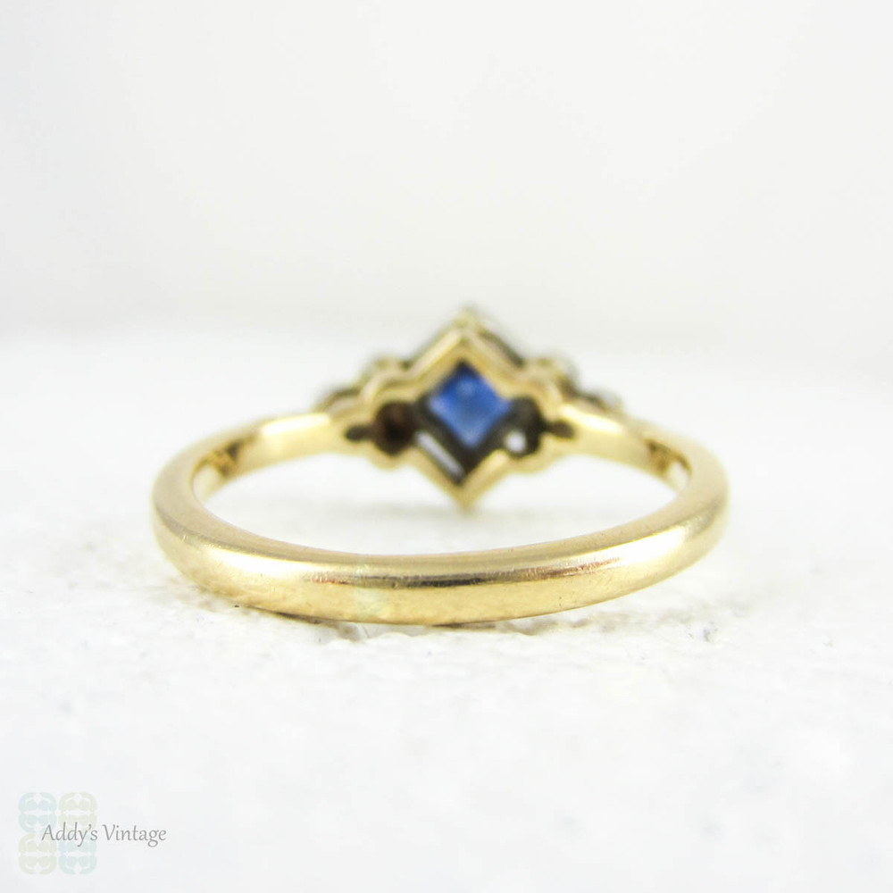French Cut Sapphire & Diamond Ring, Art Deco Blue Sapphire and Old Cut Diamond Geometric Design Ring. 1930s, 18ct Platinum.