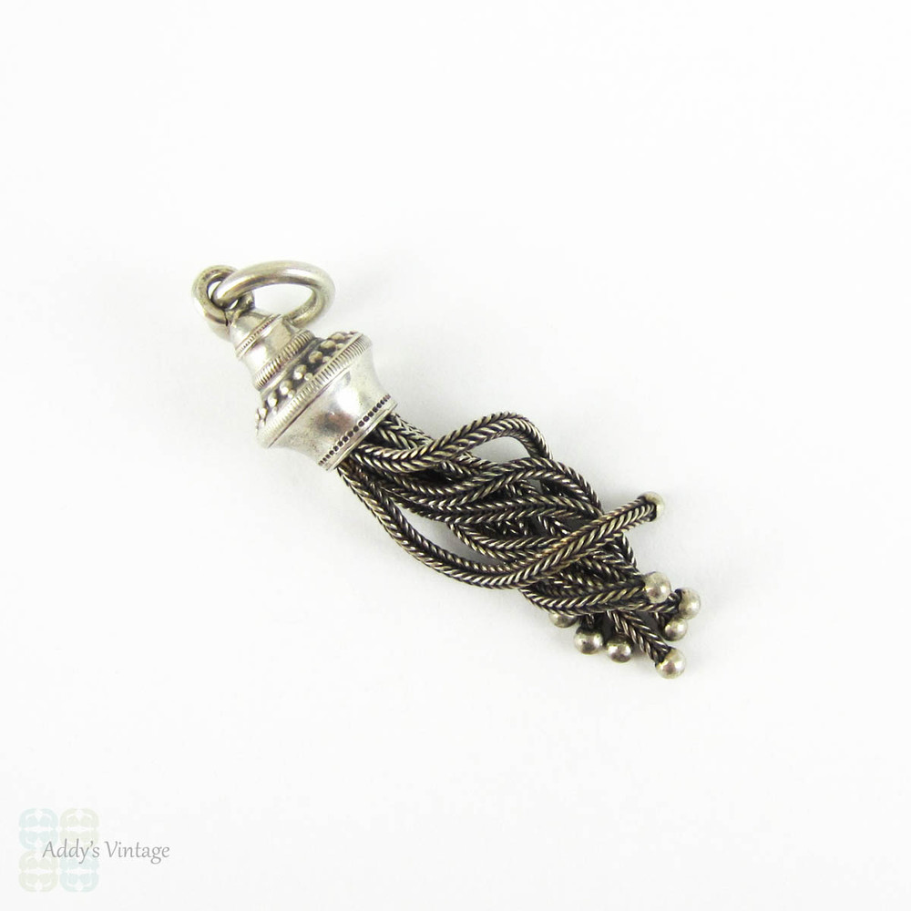 Antique Victorian Tassel, Sterling Silver Beaded Design Top Tassel. Eight Foxtail Chains. Silver Charm for Pendant or Watch Fob, Circa 1900s.