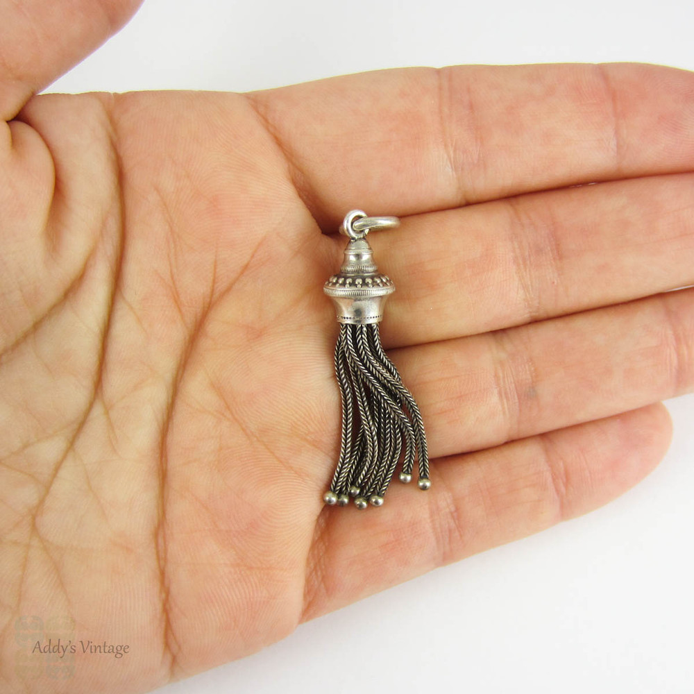 Antique Victorian Tassel, Sterling Silver Beaded Design Top Tassel. Eight Foxtail Chains. Silver Charm for Pendant or Watch Fob, Circa 1900s.