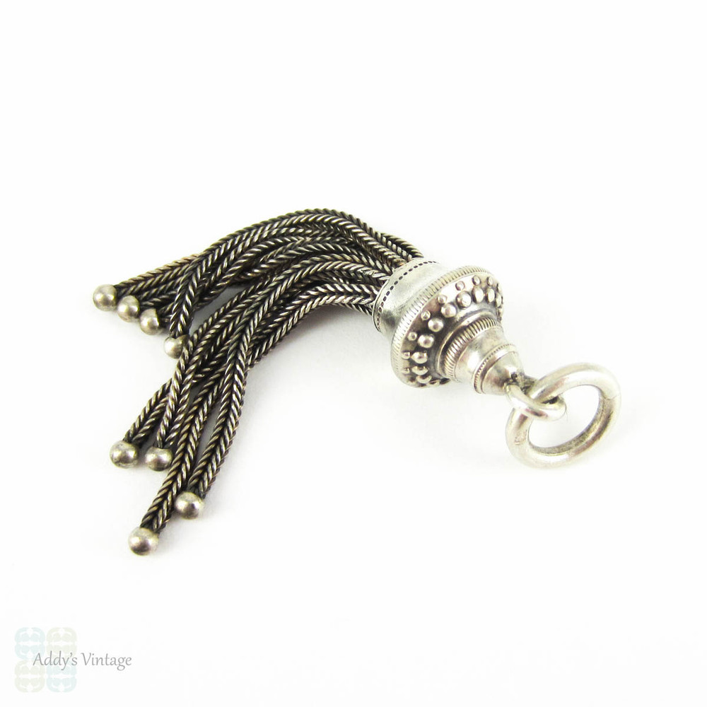 Antique Victorian Tassel, Sterling Silver Beaded Design Top Tassel. Eight Foxtail Chains. Silver Charm for Pendant or Watch Fob, Circa 1900s.