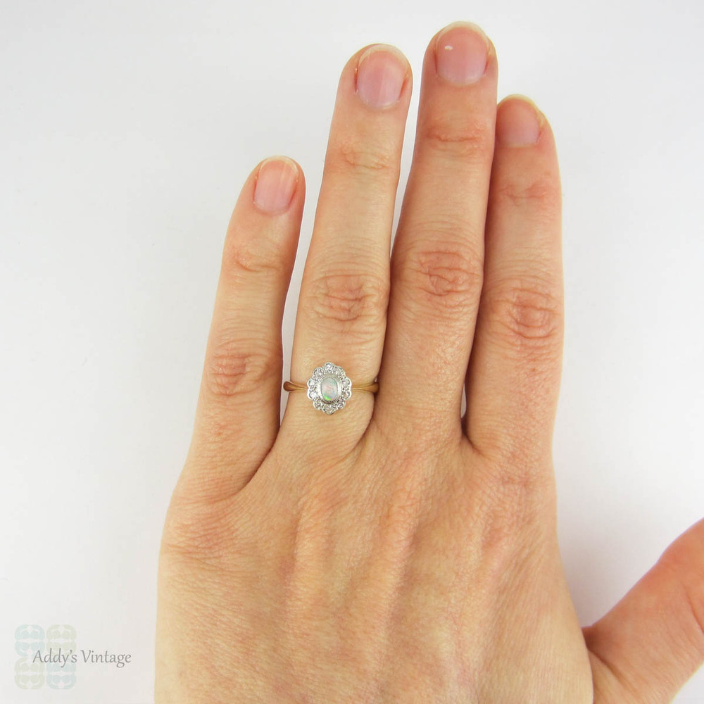 Vintage Opal & Diamond Engagement Ring, Cabochon Cut Opal wtih Scalloped Edge Diamond Halo. Circa 1920s, 18ct & Platinum.