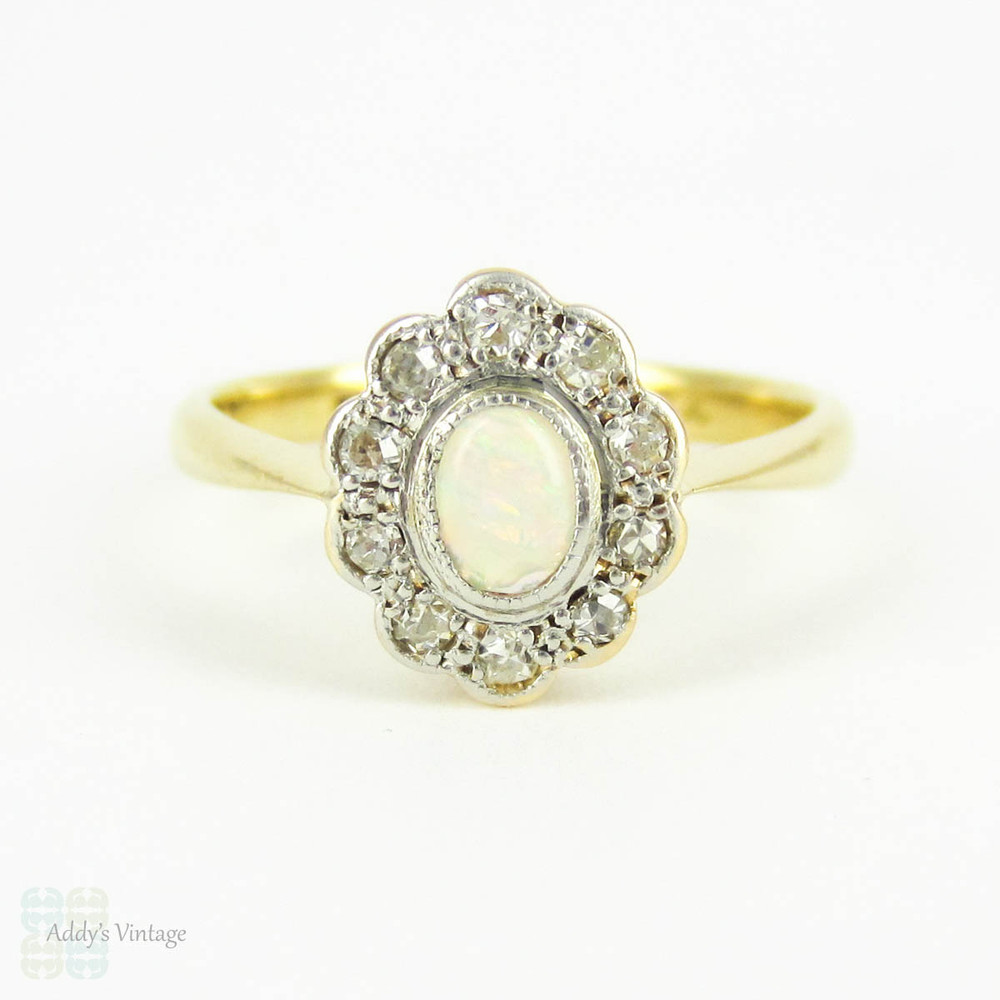 Vintage Opal & Diamond Engagement Ring, Cabochon Cut Opal wtih Scalloped Edge Diamond Halo. Circa 1920s, 18ct & Platinum.