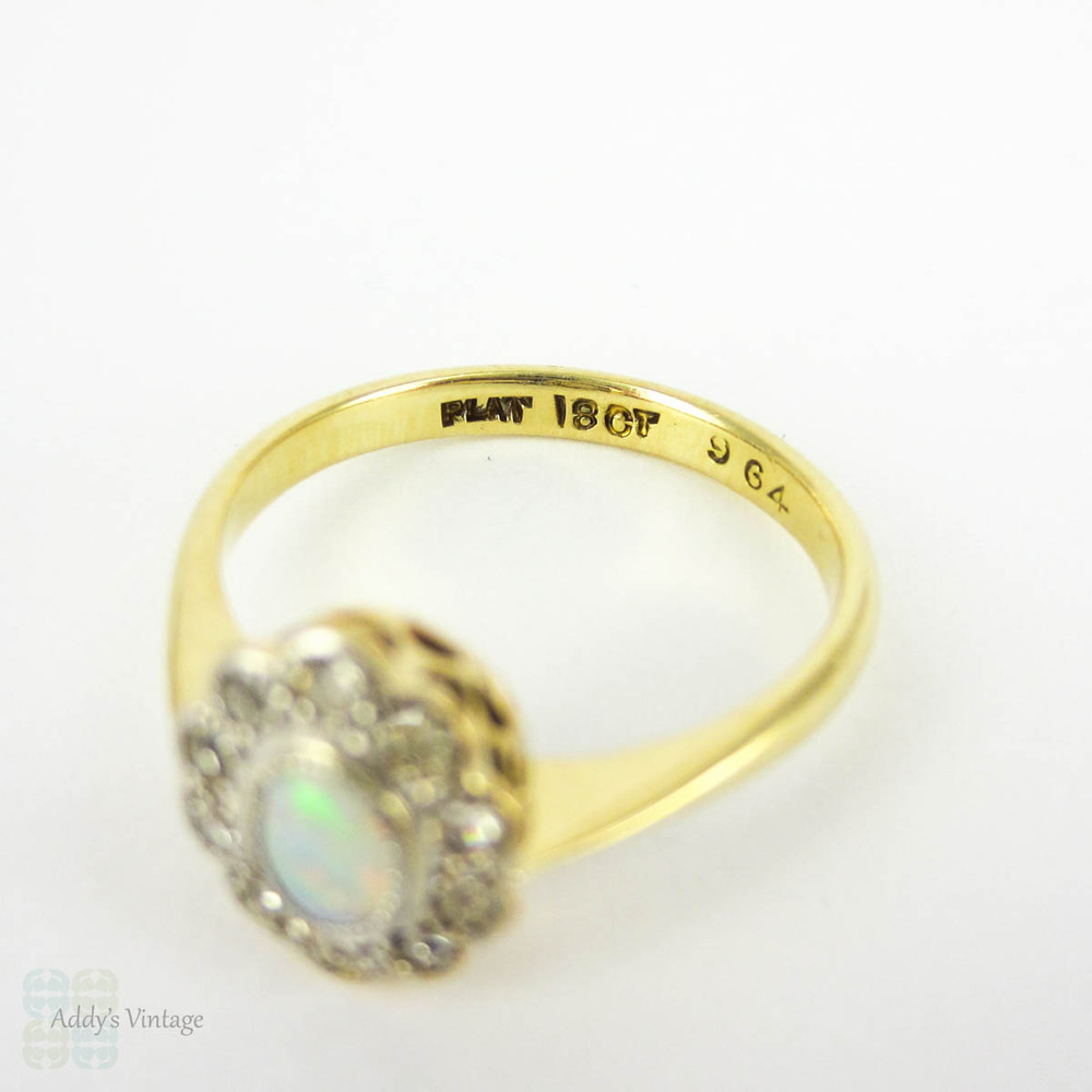 Vintage Opal & Diamond Engagement Ring, Cabochon Cut Opal wtih Scalloped Edge Diamond Halo. Circa 1920s, 18ct & Platinum.