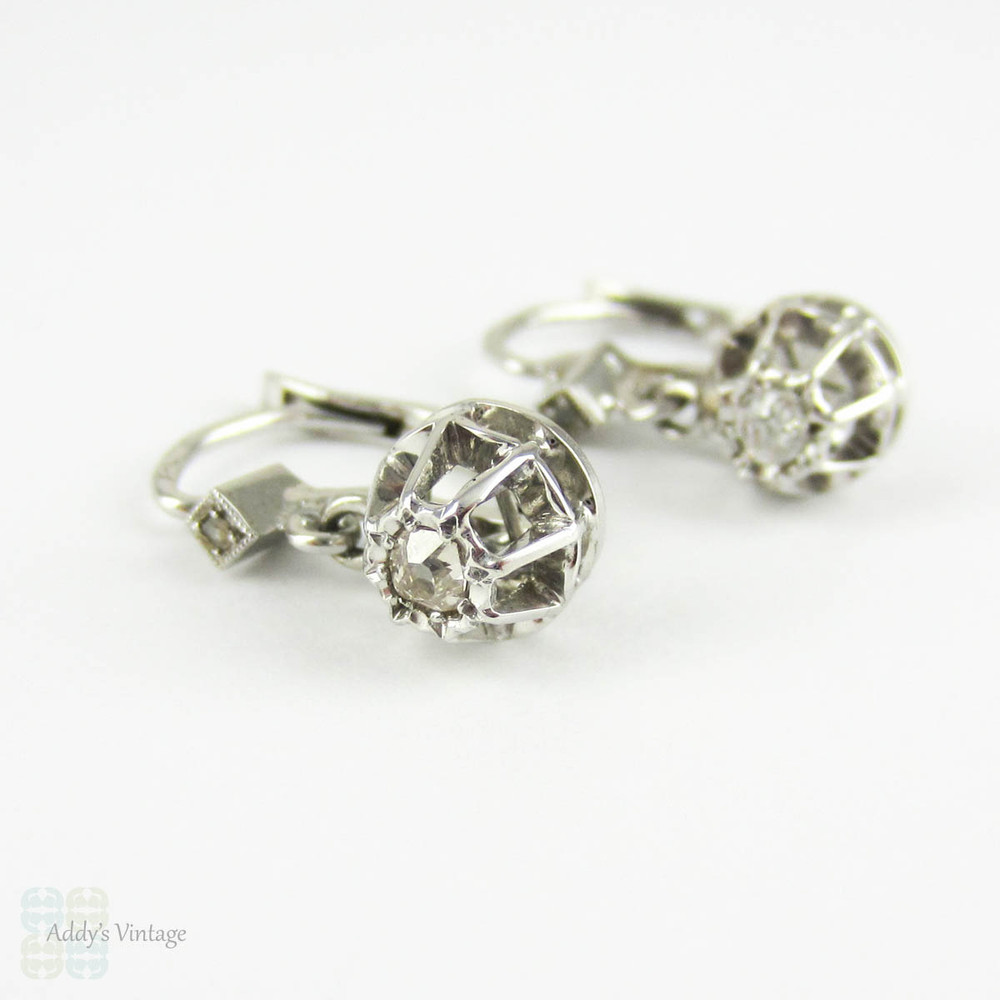 Antique Diamond Earrings, Old Mine Cut Diamond Drop Earrings, 0.28 ctw. French Dormeuse Earrings in 18 Carat Gold.