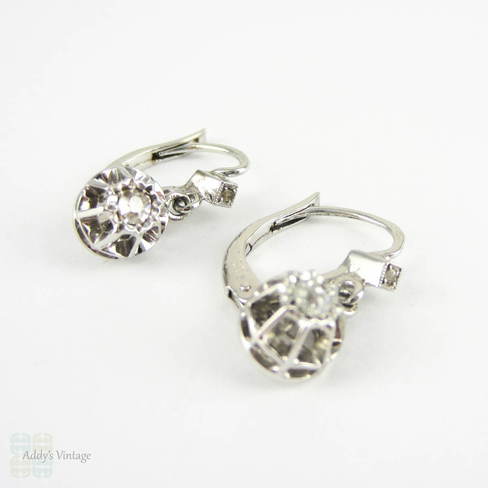Antique Diamond Earrings, Old Mine Cut Diamond Drop Earrings, 0.28 ctw. French Dormeuse Earrings in 18 Carat Gold.