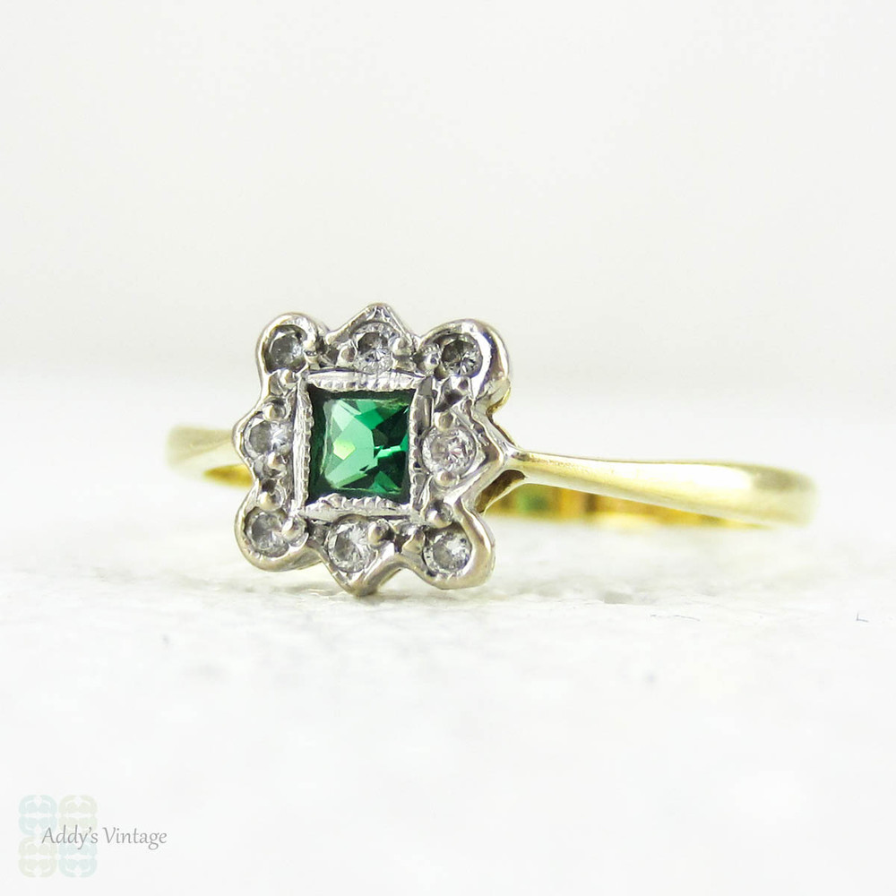 French Cut Emerald & Diamond Engagement Ring, Square Cut Emerald in Diamond Halo. Art Deco 1920s, 18 ct & Platinum.