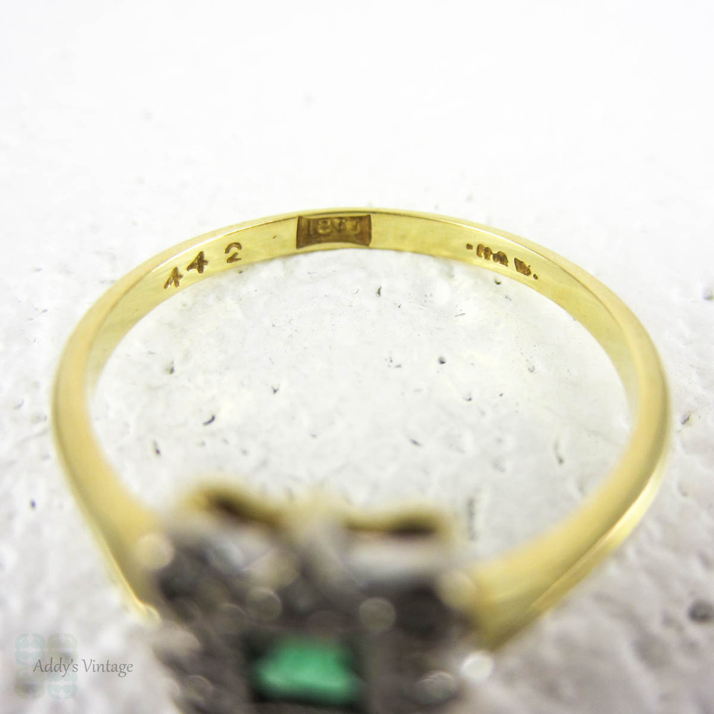 French Cut Emerald & Diamond Engagement Ring, Square Cut Emerald in Diamond Halo. Art Deco 1920s, 18 ct & Platinum.
