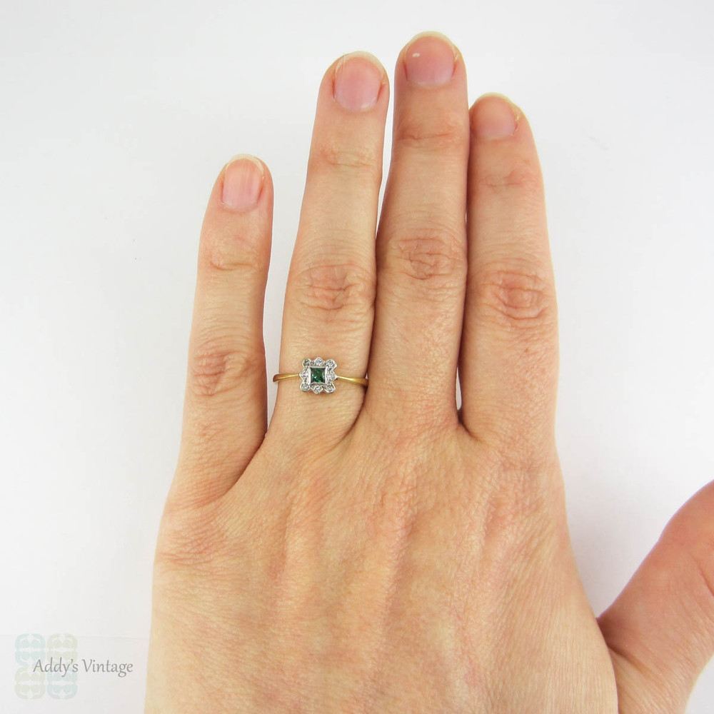 French Cut Emerald & Diamond Engagement Ring, Square Cut Emerald in Diamond Halo. Art Deco 1920s, 18 ct & Platinum.
