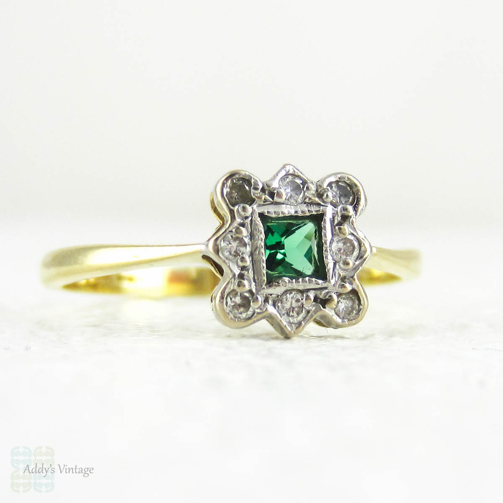 French Cut Emerald & Diamond Engagement Ring, Square Cut Emerald in Diamond Halo. Art Deco 1920s, 18 ct & Platinum.