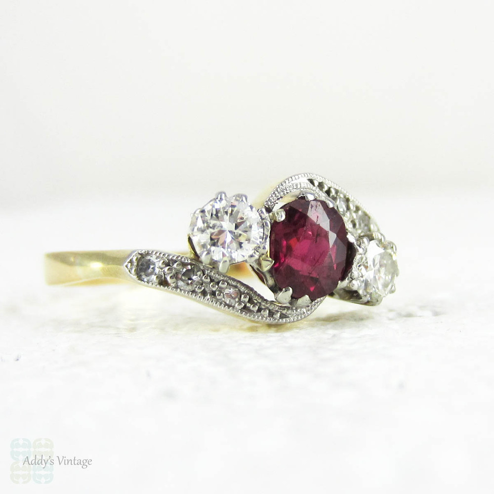 Vintage Ruby & Diamond Engagement Ring, Trilogy Ring in Bypass Twist Style with Diamond Set Shoulders, Circa 1940s, 18 Carat Gold.