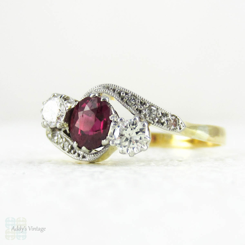 Vintage Ruby & Diamond Engagement Ring, Trilogy Ring in Bypass Twist Style with Diamond Set Shoulders, Circa 1940s, 18 Carat Gold.